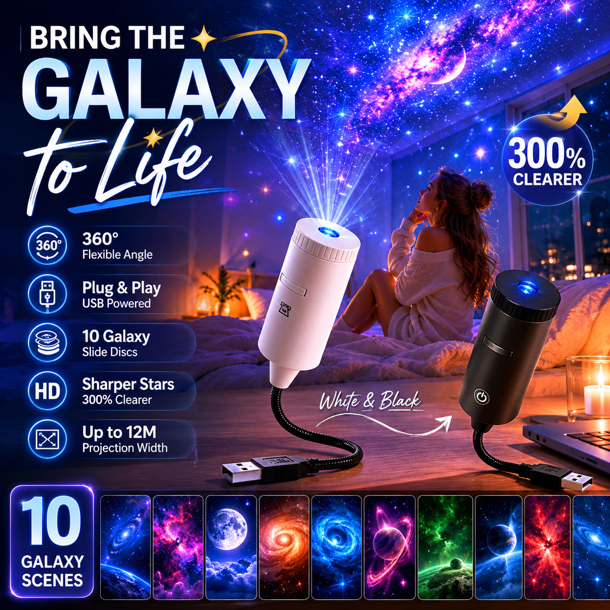 💫🌠 HD Plug-and-Play csillagvetítő, hazai csillagos égbolt