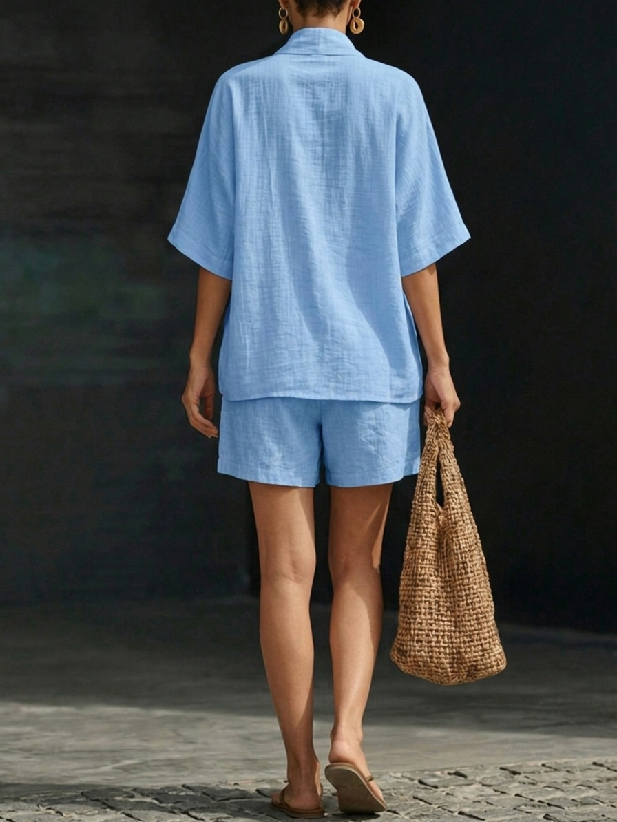 🌿 Kényelmes minimalista pamut szett, női V-felső és laza rövidnadrág 💙🛍️
