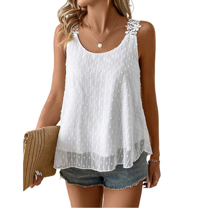 💃🎀 Elegant Dot Lace Strap Tank Top, Soft & Breathable Daily Wear 👚✨