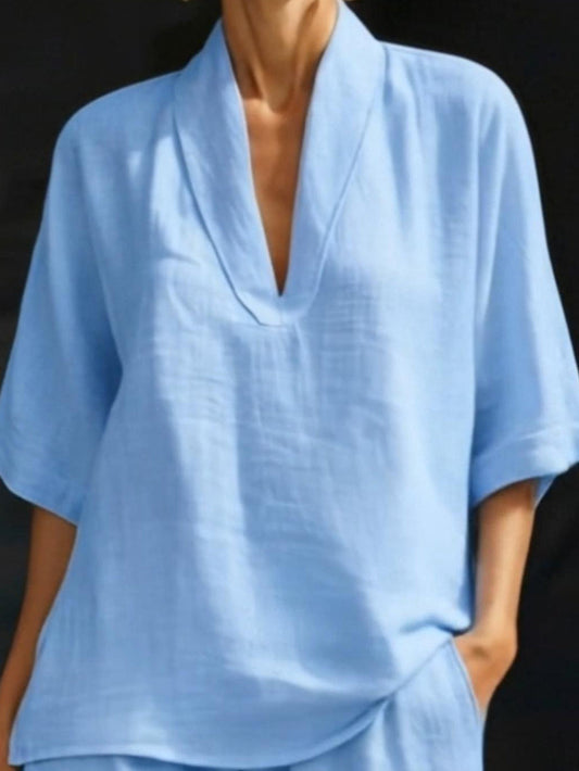 🌿 Kényelmes minimalista pamut szett, női V-felső és laza rövidnadrág 💙🛍️