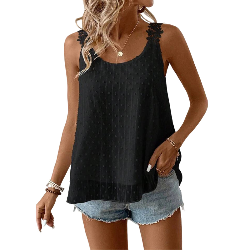 💃🎀 Elegant Dot Lace Strap Tank Top, Soft & Breathable Daily Wear 👚✨