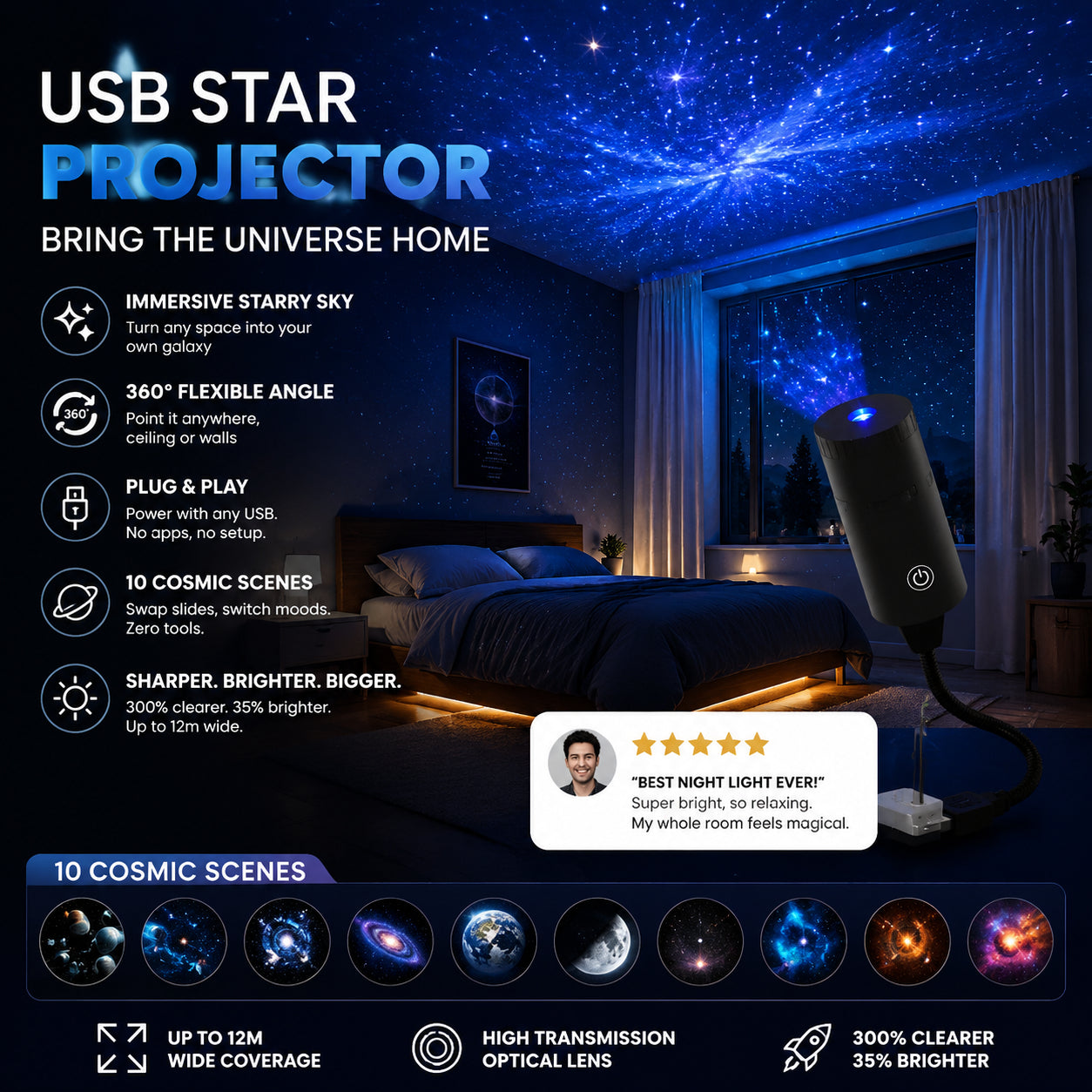 💫🌠 HD Plug-and-Play csillagvetítő, hazai csillagos égbolt
