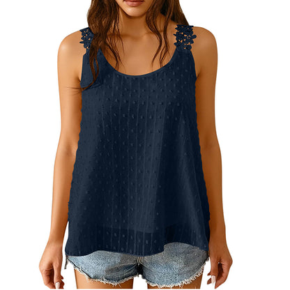 💃🎀 Elegant Dot Lace Strap Tank Top, Soft & Breathable Daily Wear 👚✨