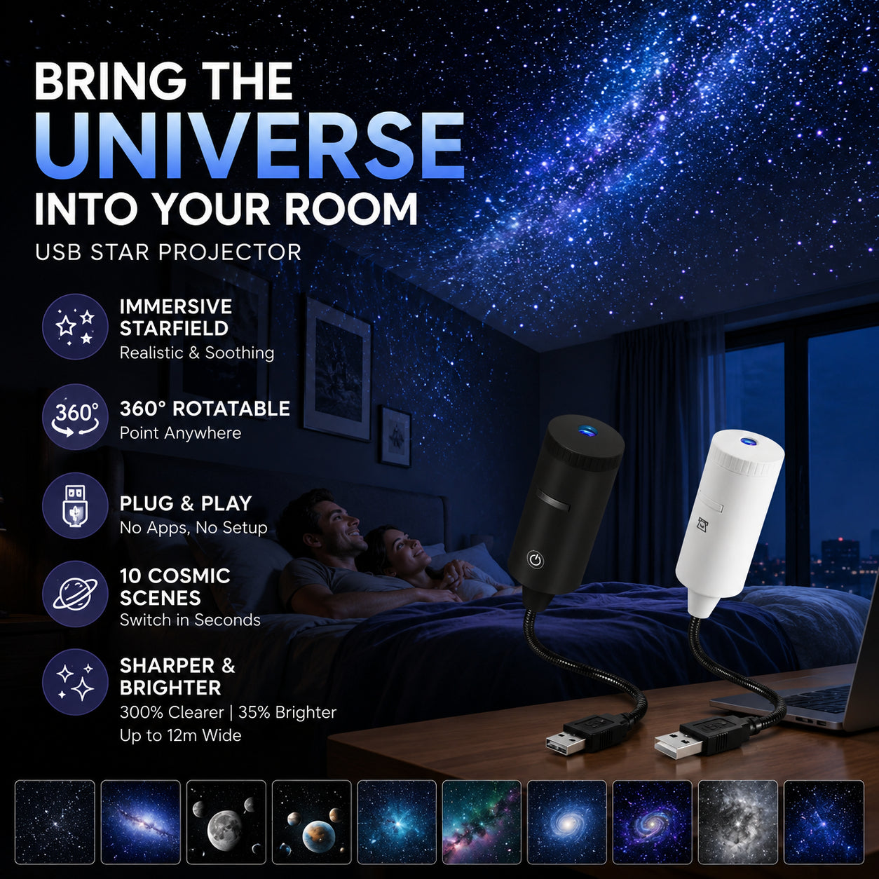 💫🌠 HD Plug-and-Play csillagvetítő, hazai csillagos égbolt
