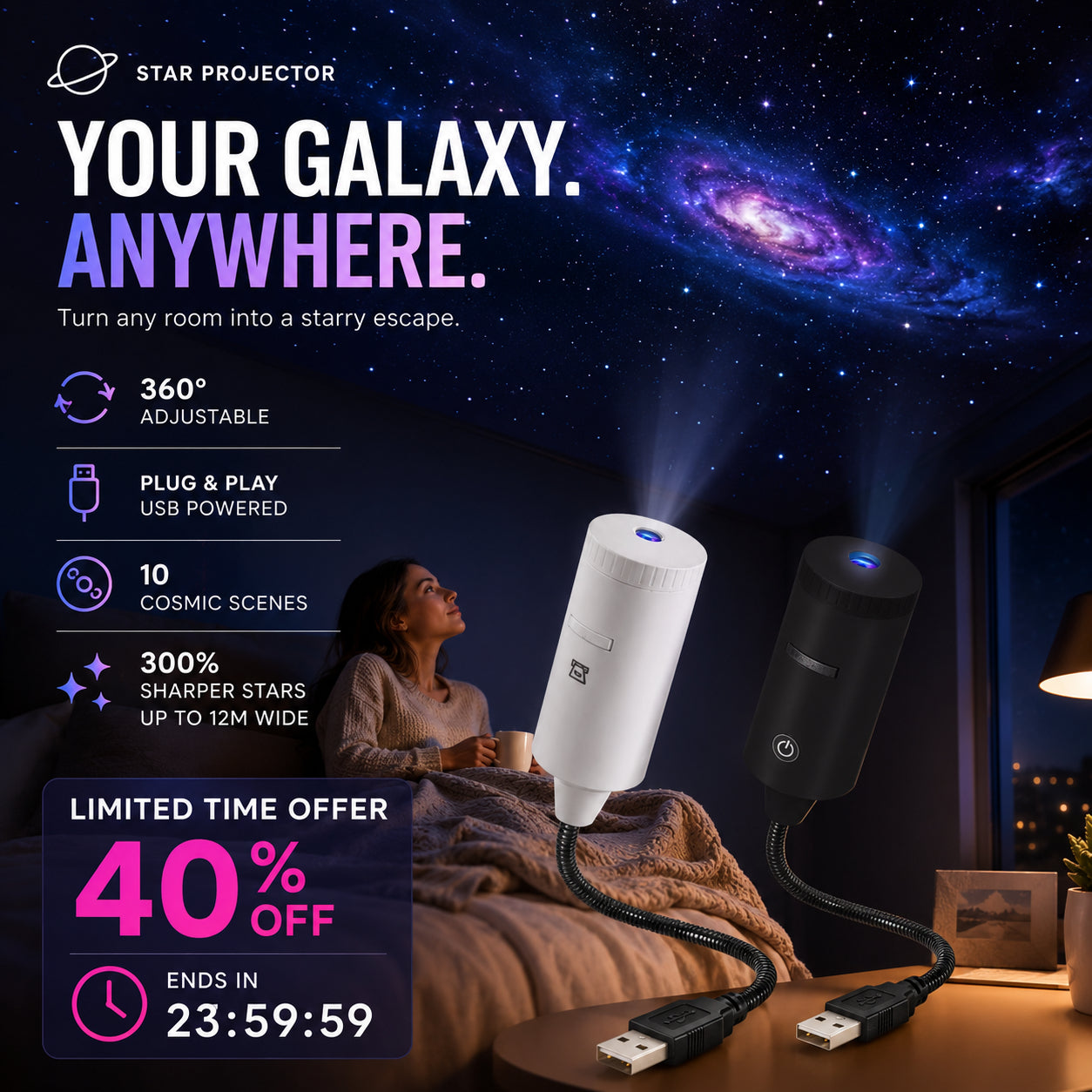 💫🌠 HD Plug-and-Play csillagvetítő, hazai csillagos égbolt