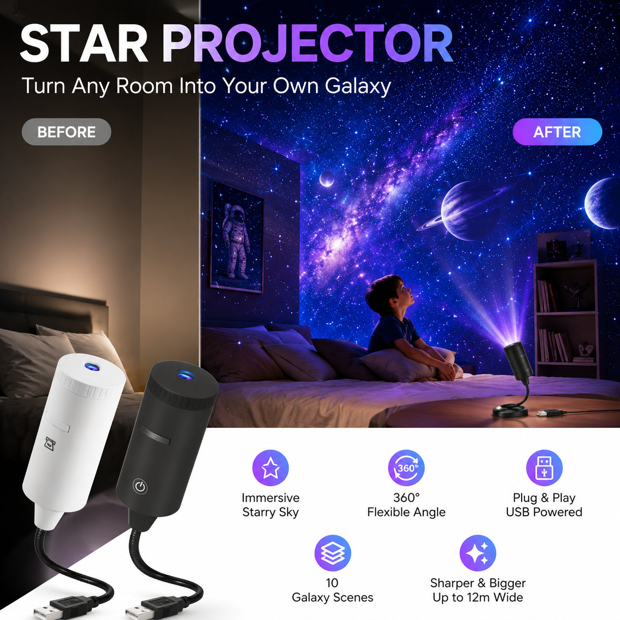 💫🌠 HD Plug-and-Play csillagvetítő, hazai csillagos égbolt